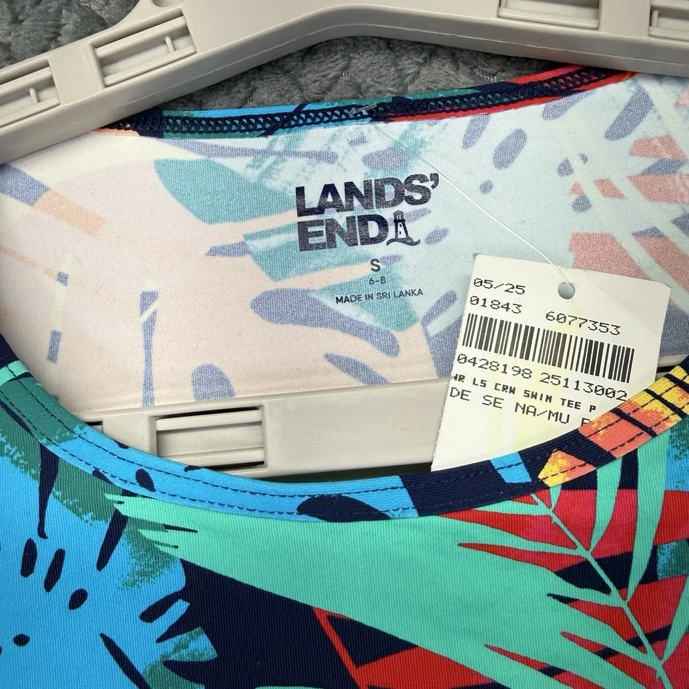 Lands' End Swim Tee Small Rash‎ Guard UPF 50 Tropical Multi Palm Leaves NEW